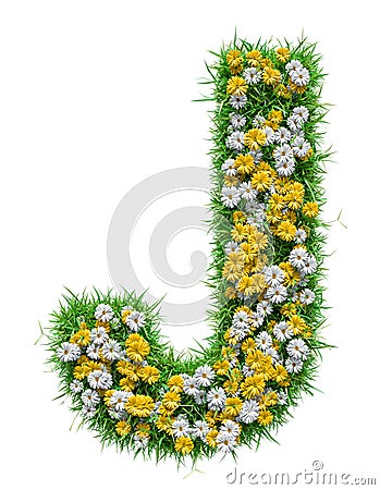 Letter J Of Green Grass And Flowers Stock Photo