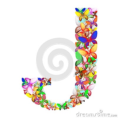 The letter J made up of lots of butterflies of different colors Stock Photo