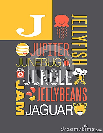 Letter J words typography illustration alphabet poster design Vector Illustration