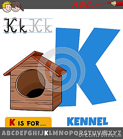 letter K from alphabet with cartoon kennel object Vector Illustration
