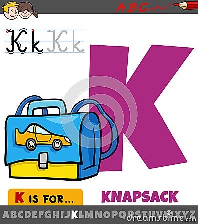 letter K from alphabet with cartoon knapsack object Vector Illustration