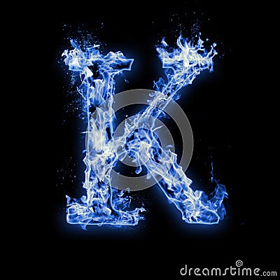 Letter K. Blue fire flames on black Stock Photo