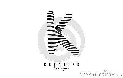 Letter K logo with black twisted lines. Creative vector illustration with zebra, finger print pattern lines Vector Illustration