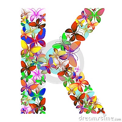 The letter K made up of lots of butterflies of different colors Stock Photo