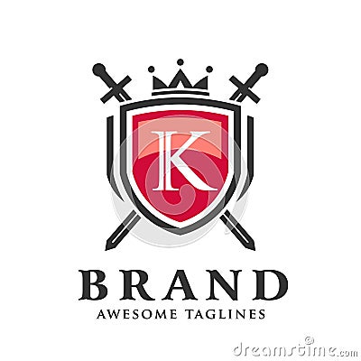 Letter k with two crossed swords,shield with crown logo Vector Illustration