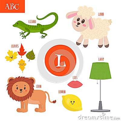 Letter L. Cartoon alphabet for children. Lion, lamb, lamp, leave Vector Illustration