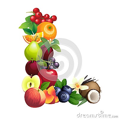 Letter L composed of different fruits with leaves Vector Illustration