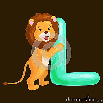 Letter L with lion animal for kids abc education in preschool. Vector Illustration