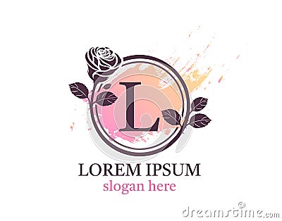 Letter L monogram logo. Circle floral style with beautiful roses. Feminine Icon Design Vector Illustration