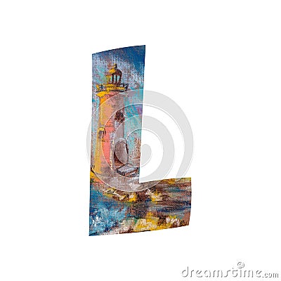 Letter L on white background with lighthouse drawing by pastel Stock Photo