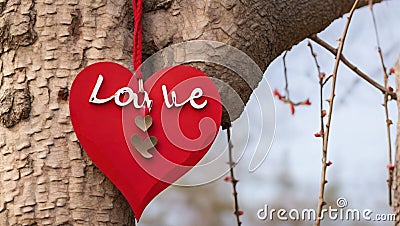 letter Love hanging on tree for valentines day Stock Photo