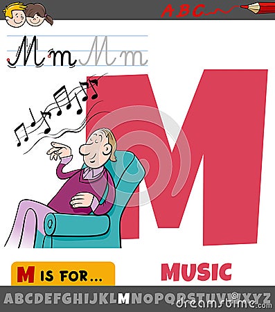 letter M from alphabet with cartoon music word Vector Illustration