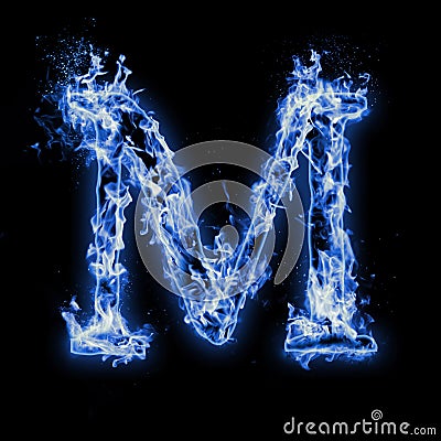 Letter M. Blue fire flames on black Stock Photo