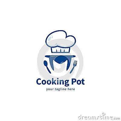Letter M cooking pot logo icon symbol, cooking pot in letter M shape with chef hat, spoon, and fork icon symbol vector Vector Illustration