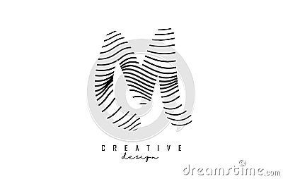 Letter M logo with black twisted lines. Creative vector illustration with zebra, finger print pattern lines Vector Illustration