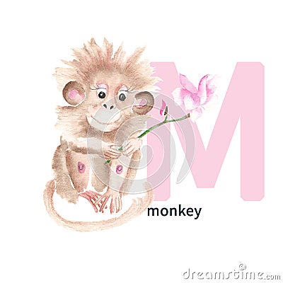 Letter M, monkey, cute kids animal ABC alphabet. Watercolor illustration isolated on white background. Can be used for Cartoon Illustration