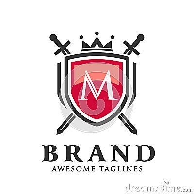 Letter m with two crossed swords,shield with crown logo Vector Illustration