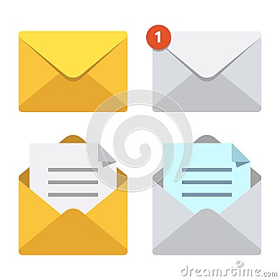 Letter in mail envelope. Mailbox notification or email message icons. Open or closed letters postal envelopes vector set Vector Illustration