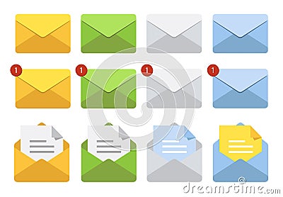 Letter in mail envelope. Set of illustrations. Mailbox notification or email message icons. Vector Illustration