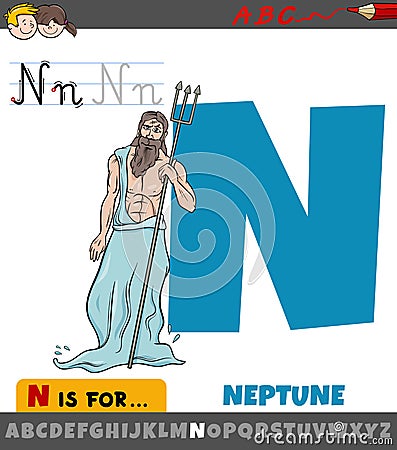 letter N from alphabet with cartoon Neptune Roman god Vector Illustration