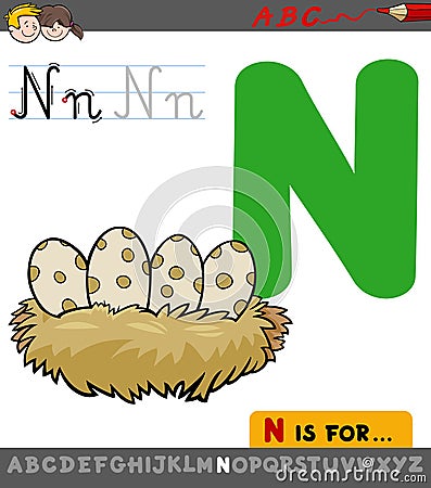 Letter n with cartoon bird nest Vector Illustration