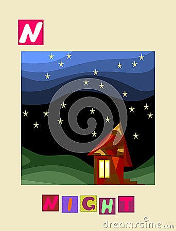 Letter N. Cute cartoon english alphabet with colorful image and word. Vector Illustration