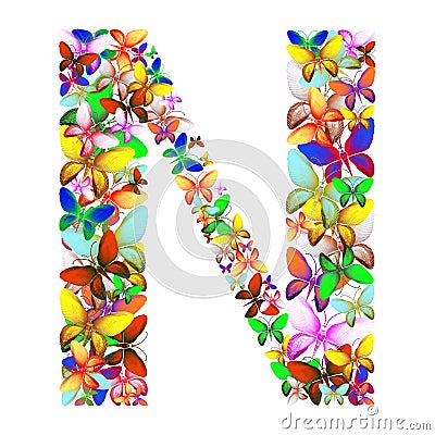 The letter N made up of lots of butterflies of different colors Stock Photo