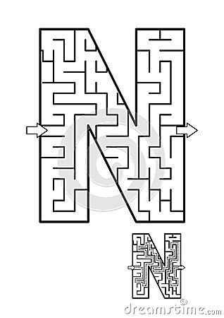 Letter N maze game for kids Vector Illustration