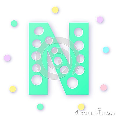 Letter N in paper cut style on white background. Typographic design. Bold capital green letter Vector Illustration