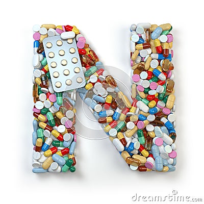 Letter N. Set of alphabet of medicine pills, capsules, tablets Cartoon Illustration