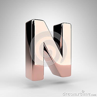 Letter N uppercase on white background. Rose gold 3D letter with gloss chrome surface Stock Photo