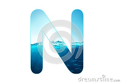 Letter N of water alphabet, aqua concept fresh water a to z, 1 to 0 Stock Photo