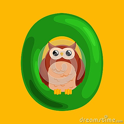 Letter O with animal owl for kids abc education in preschool. Vector Illustration