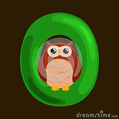 Letter O with animal owl for kids abc education in preschool. Vector Illustration