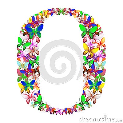 The letter O made up of lots of butterflies of different colors Stock Photo