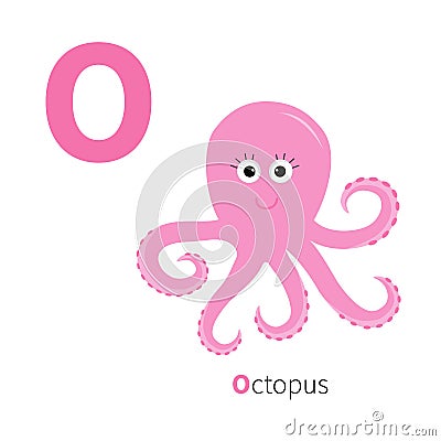 Letter O Octopus Zoo alphabet. Ocean See underwater life English abc with animals Education cards for kids Isolated Vector Illustration