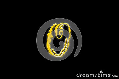 Letter O typed with a royal font in yellow having white outer glow with black background. Stock Photo