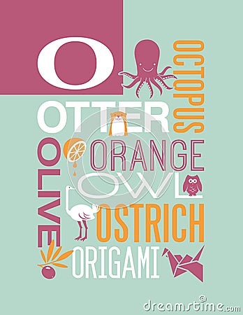 Letter O words typography illustration alphabet poster design Vector Illustration