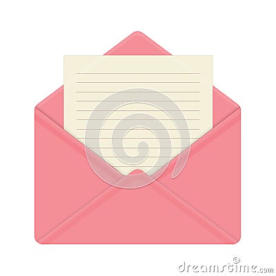 Letter in open pink envelope. Vector Illustration