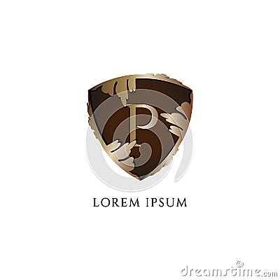 Letter P alphabet logo design template. Initial abjad logo concept isolated on white background. Luxury Decorative Shield Vector Illustration