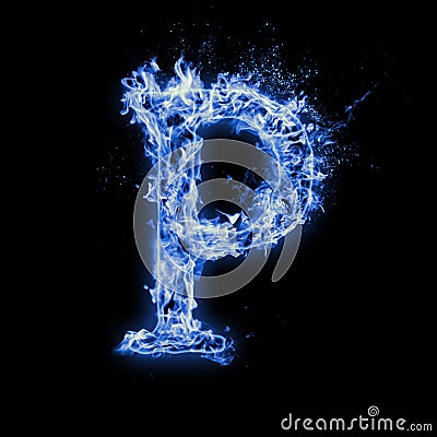 Letter P. Blue fire flames on black Stock Photo