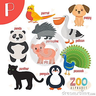 Letter P. Cute animals. Funny cartoon animals in vector. Vector Illustration