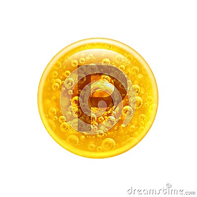 The letter P in the golden bubble. Vitamins. Bubbles oil inside a large oil bubble isolated on white background Stock Photo