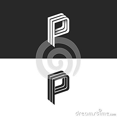 Letter P logo monogram, isometric geometric shape lines initial business card emblem, black and white combination letters PPP Vector Illustration