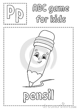 Letter P is for pensil . ABC game for kids. Alphabet coloring page. Cartoon character. Word and letter. Vector illustration Vector Illustration