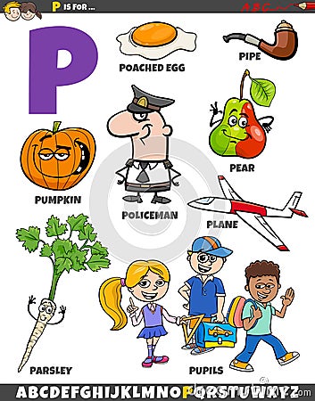 Letter P set with cartoon objects and characters Vector Illustration