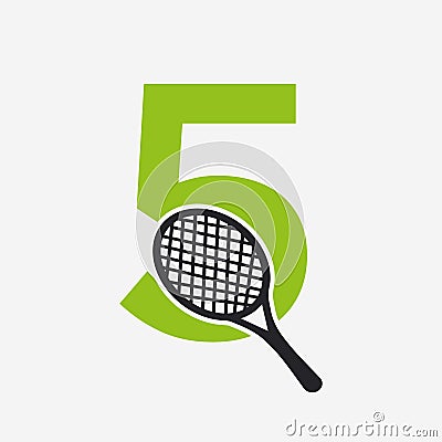 Letter 5 Padel Tennis Logo. Padel Racket Logo Design. Beach Table Tennis Club Symbol Vector Illustration
