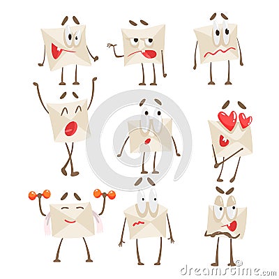 Letter Paper Envelop Cartoon Character Emotion Illustrations Set Vector Illustration