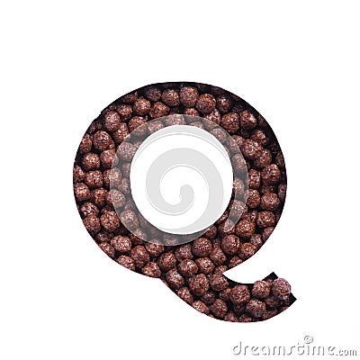 Letter Q of alphabet of chocolate cereal balls, white cut paper. Typeface for healthy breakfast packaging design Stock Photo