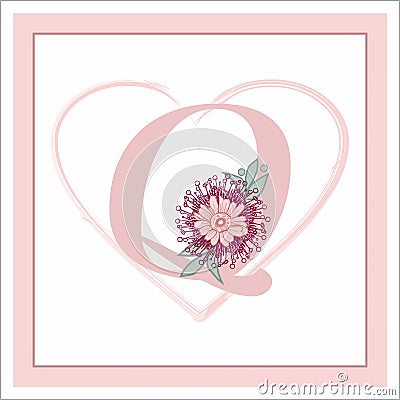 The letter `Q` in the alphabet. Decoratively decorated with flowers. Vector Illustration